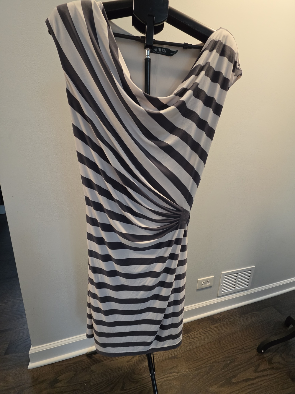 Ralph Lauren Cowl Neckline Gray and White Striped Jersey Dress